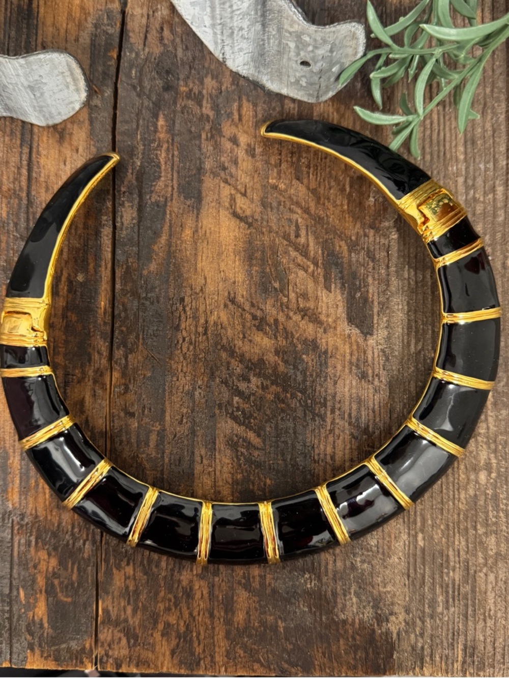 Vintage Kenneth Jay Lane Black and Gold Crescent Collar Choker Necklace